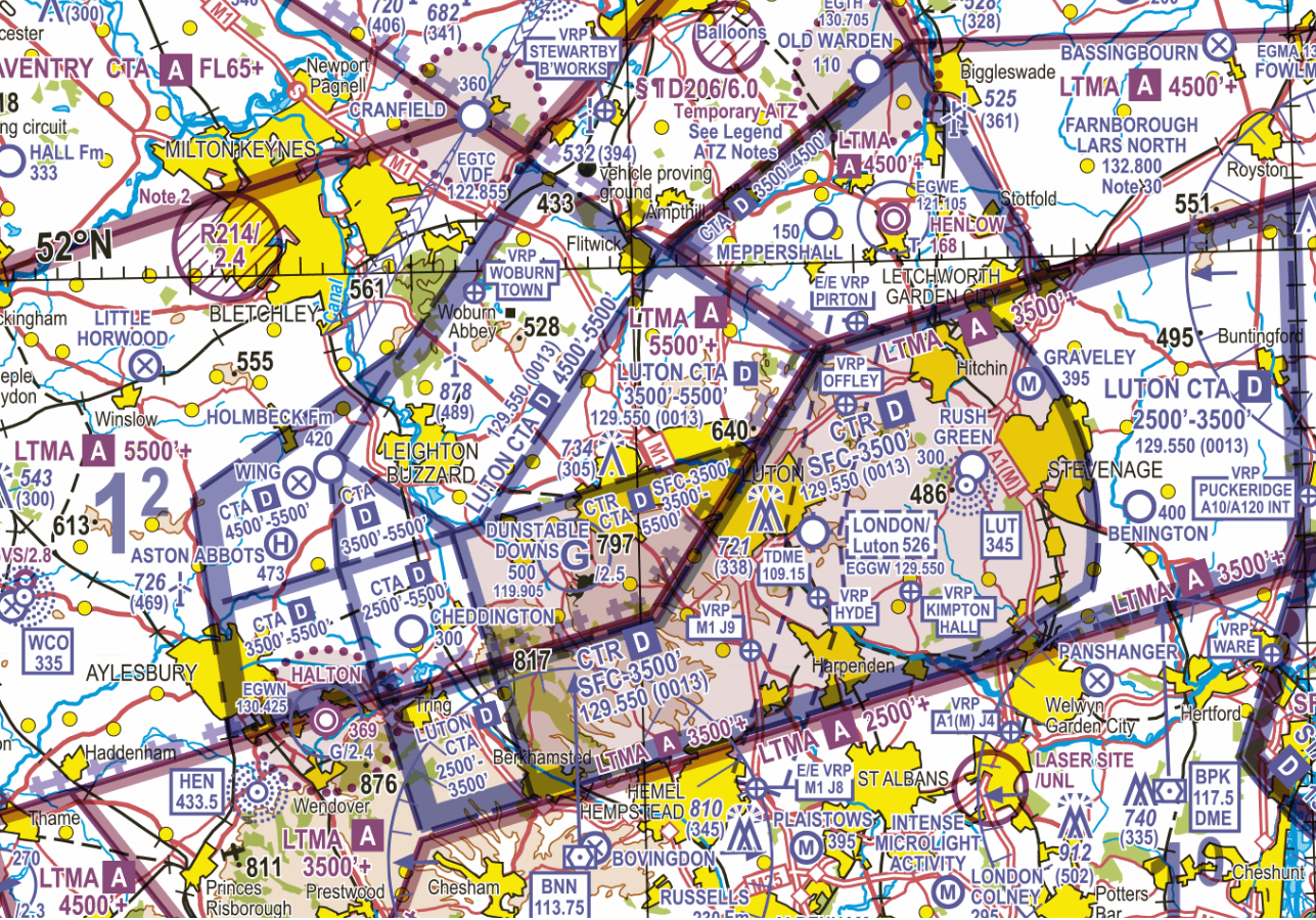 CAA South-East 1:5,000000 chart extract showing Luton